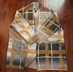 Oliver Womens Plus Size 3X Plaid Gray/Yellow Knit Open Front Collar Cardigan